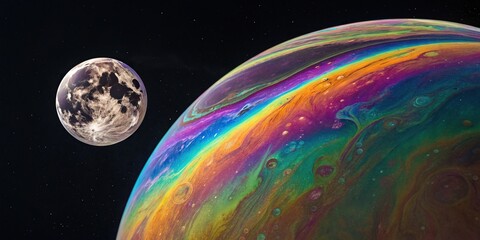 Tiny celestial body resembling a planet or moon in a soap bubble with swirling psychedelic rainbow colors, cosmic scene, colorful liquids, soap bubble, shimmering effect, fantasy galaxy