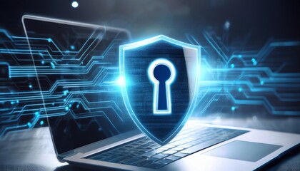 A shield with a keyhole symbolizes cybersecurity, protecting a laptop surrounded by digital circuits, illustrating data security and information technology.
