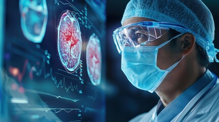 Medical research professional analyzing brain imaging data in a high-tech lab environment focused on neurological insights