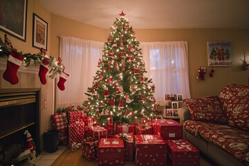 Christmas celebration with decorated tree cozy living room holiday spirit warm environment indoor perspective family gathering