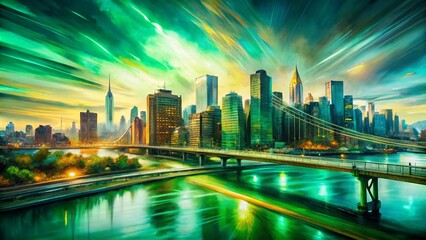 Obraz premium Large Green Abstract Cityscape Painting Featuring Vibrant Buildings and a Bridge in Long Exposure, Showcasing Dynamic Movement and Fluidity in Urban Art