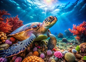 Fototapeta premium Large Turtle Resting on Ocean Floor Surrounded by Vibrant Coral Reef, Capturing Marine Life Beauty with Stunning Detail and Serenity in Underwater Environment