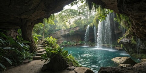 Underground oasis with crystal-clear waterfalls lush vegetation and soft natural light, lush vegetation, peaceful atmosphere, soothing ambiance, serene oasis, crystal clear water