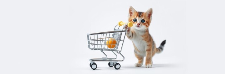 Hyper realistic photo of a confident kitten pushing a mini shopping cart on a white background, copy space for text, bright, white background, copy space