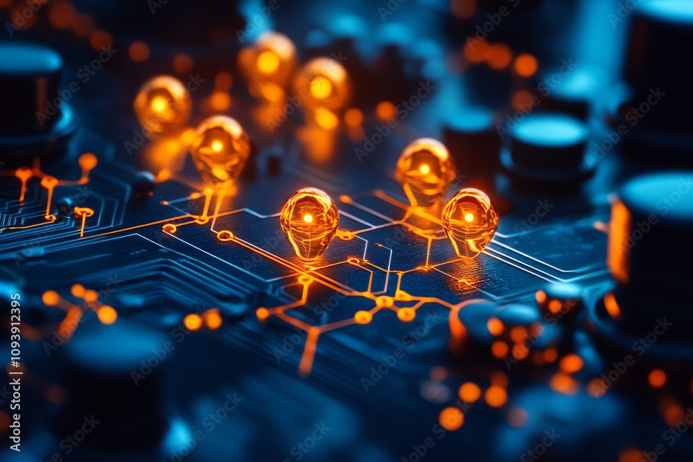 Poster Glowing nodes on circuit board; network concept.