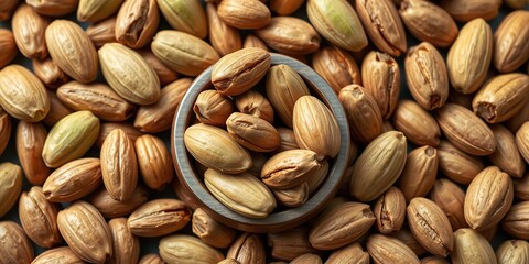 Obraz premium Unripe green almonds scattered around a small wooden bowl with varying shades of brown, rustic, nuts, unripe