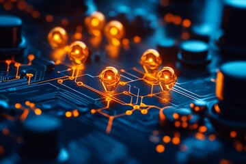 Glowing nodes on circuit board; network concept.