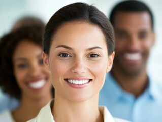diverse group of professionals smiling together in a bright environment