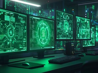 Fototapeta premium A realistic photo featuring multiple computer screens arranged together, all displaying green screens with stylized AI-themed graphics