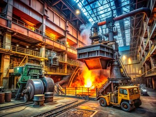 Fototapeta premium Loading of Ore into Open Hearth Furnace at a Metallurgical Plant: Industrial Process of Metal Production with Heavy Machinery in Action and Copy Space for Text Overlay