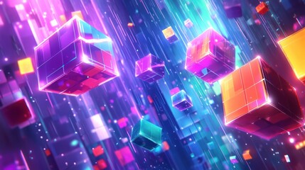 Fototapeta premium A vibrant digital scene featuring floating cubes and colorful light streams.