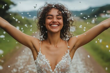 Obraz premium Joyful woman laughs while celebrating under a cascade of flower petals in nature