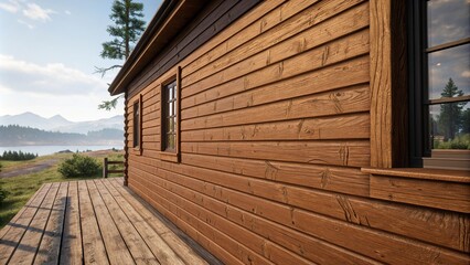 Warm brown siding with simulated wood bark and knots, knotty surface, exterior design, warm color scheme