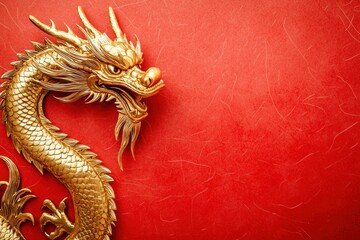 Obraz premium Golden dragon sculpture on red textured background, symbolizing power, strength, and good luck. Perfect for Asian culture and mythology themes.