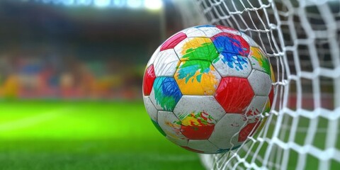 Colorful Soccer Ball in Goal Net with European Country Flags at Football Stadium