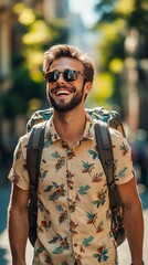 Fototapeta premium Carefree traveler in tropical shirt and sunglasses strolls through sun-dappled city street, radiating joy and adventure with a beaming smile and backpack.