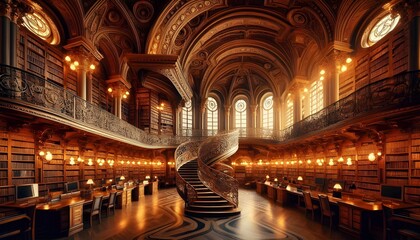 Obraz premium Ornate Interior with Arched Windows and Chandeliers