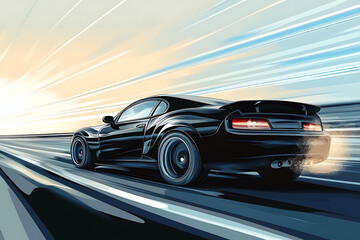 Fototapeta premium A sleek black sports car speeding down a modern highway at sunset.
