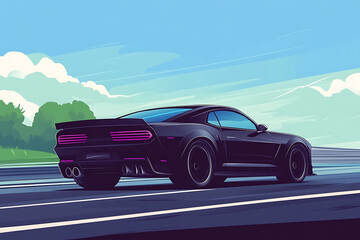 A sleek black sports car on a highway with a vibrant sky backdrop.