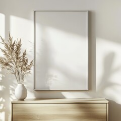 A blank white frame mockup in a minimal living room with dried pampas grass in a white vase on a wooden dresser against a white wall with sunlight streaming in.