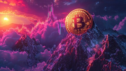 Obraz premium A stunning digital landscape featuring a prominent Bitcoin symbol above majestic mountains and a vibrant sunset, symbolizing the rise of cryptocurrency.