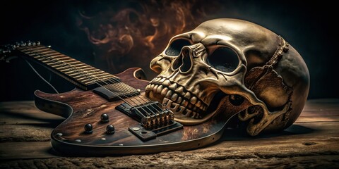 Fototapeta premium Low Light Photography of a Skull and Guitar Design with Intricate Details and Dramatic Shadows, Perfect for Rock Culture and Artistic Expression