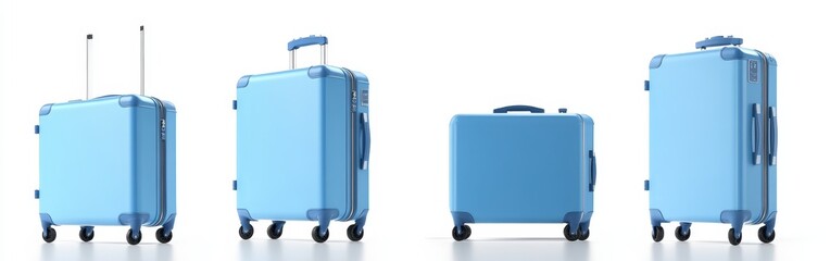 Four blue suitcases of different sizes with wheels isolated on white background.
