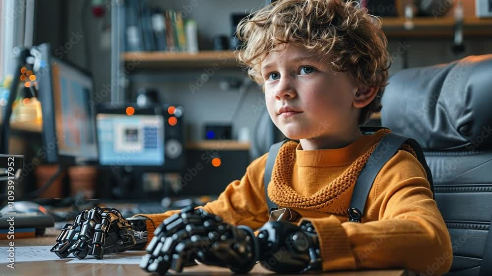 Poster a child wearing a cozy sweater and robotic hands is focused on his tasks at a well-organized desk. t