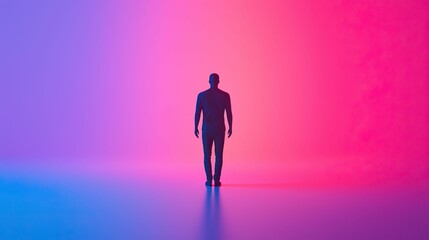 Obraz premium model modern photography and avant-garde, A solitary figure stands against a vibrant gradient background of pink and blue, evoking a sense of introspection and depth.