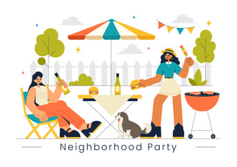 Fototapeta premium Neighborhood Events Vector Illustration featuring Friends and Family Celebrating Holidays with an Outdoor Party, Local Food Festival, and a BBQ Table