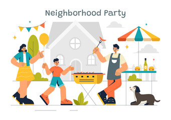 Neighborhood Events Vector Illustration featuring Friends and Family Celebrating Holidays with an Outdoor Party, Local Food Festival, and a BBQ Table