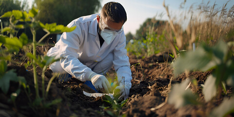 Agricultural Scientist Testing Soil Samples in Field, Researcher Analyzing Crop Growth in Natural Environment
