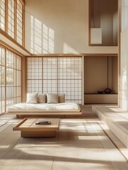Minimalist Double-Height Living Room with Sunlit Space and Textured Rug