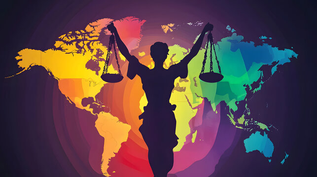 Human Rights Day colorful illustration, powerful equality image, vibrant world map, justice scales art, empowering decor