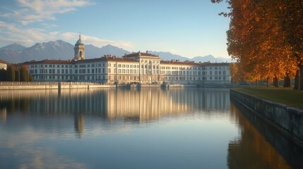 Fototapeta premium A grand palace with a reflection in the water on a calm autumn morning.