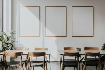 Fototapeta premium Three empty frames on a white wall in a modern cafe with wooden tables and chairs.