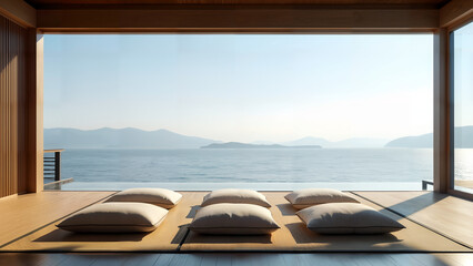 Fototapeta premium Modern Japanese Tatami Room with Cushions and Seaside View