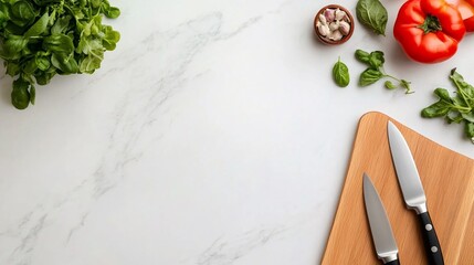 Flat Lay of a Contemporary Kitchen Countertop with Fresh Produce and Utensils