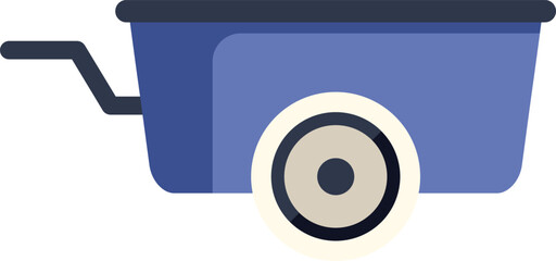 Simple vector illustration of a blue empty wheelbarrow standing on one wheel on a white background