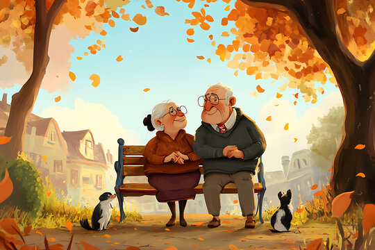 An elderly couple sits on a bench in a park, surrounded by autumn leaves and playful cats.