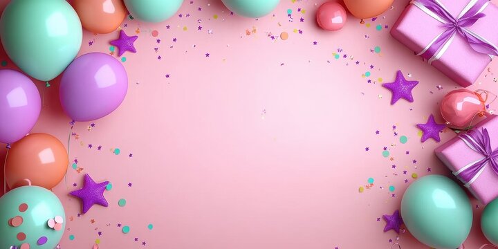 Birthday Celebration with Balloons Gifts Confetti on Pink Background Party Event