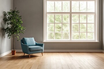 A blue armchair in a minimalist living room with a large window overlooking a green garden.