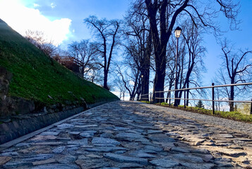 Fototapeta premium Stone path in the park in the city of Przemysl, Poland. Lubomyrskyi Park in Przemysl