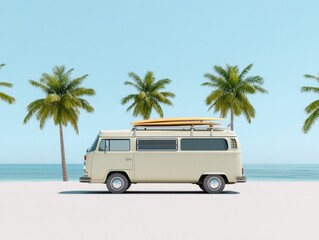 retro van with surfboard by the beach under palm trees