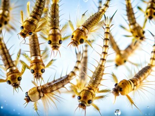 Naklejka premium Macro HD Footage of Wriggling Mosquito Larvae Swimming Against a White Background for Nature and Science Studies