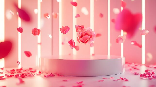 11. A whimsical Valentine podium with floating rose petals in the air, pink lighting, and an empty area in the center for showcasing products.