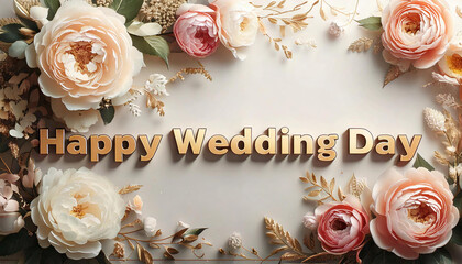 Text "Happy Wedding Day" With a beautiful floral background full of love, large floral patterns such as roses.