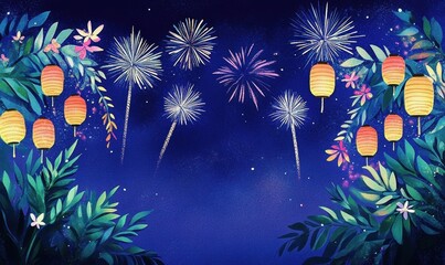Night Sky Fireworks Festival with Colorful Lanterns and Lush Green Foliage