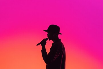 silhouette of a singer performing on stage with vibrant background