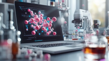 A modern laboratory scene showcasing molecular visualization on a laptop screen.